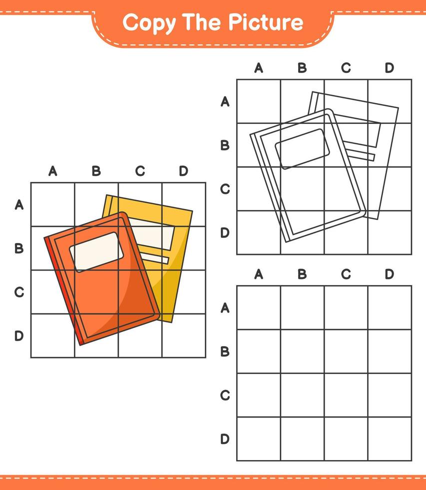 kopiera bilden, kopiera bilden av boken med hjälp av rutnätslinjer. pedagogiskt barnspel, utskrivbart kalkylblad, vektorillustration vektor