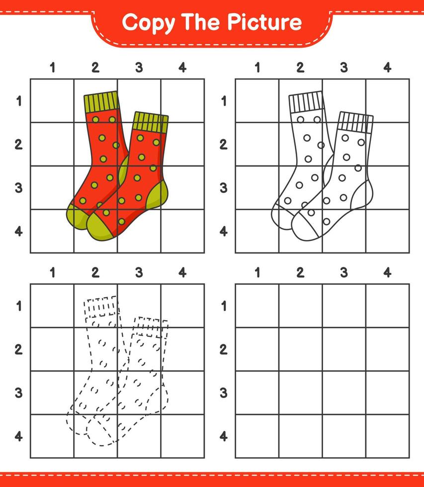 Kopieren Sie das Bild, kopieren Sie das Bild der Socken mit Gitterlinien. pädagogisches kinderspiel, druckbares arbeitsblatt, vektorillustration vektor