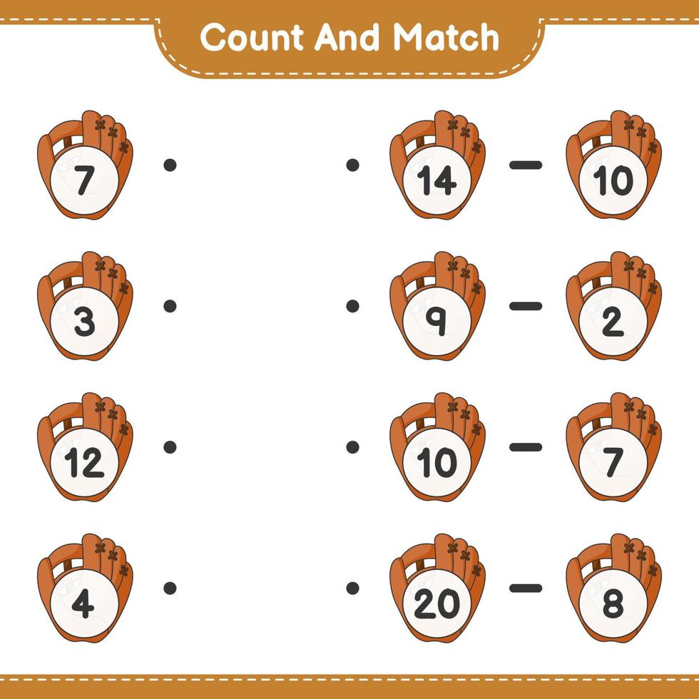 Zähle und kombiniere, zähle die Anzahl der Baseballhandschuhe und vergleiche sie mit den richtigen Zahlen. pädagogisches kinderspiel, druckbares arbeitsblatt, vektorillustration vektor