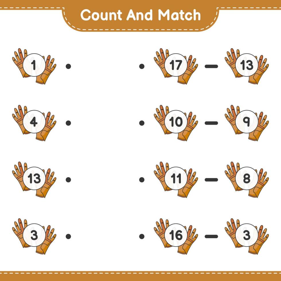 Zähle und kombiniere, zähle die Anzahl der Golfhandschuhe und vergleiche sie mit den richtigen Zahlen. pädagogisches kinderspiel, druckbares arbeitsblatt, vektorillustration vektor