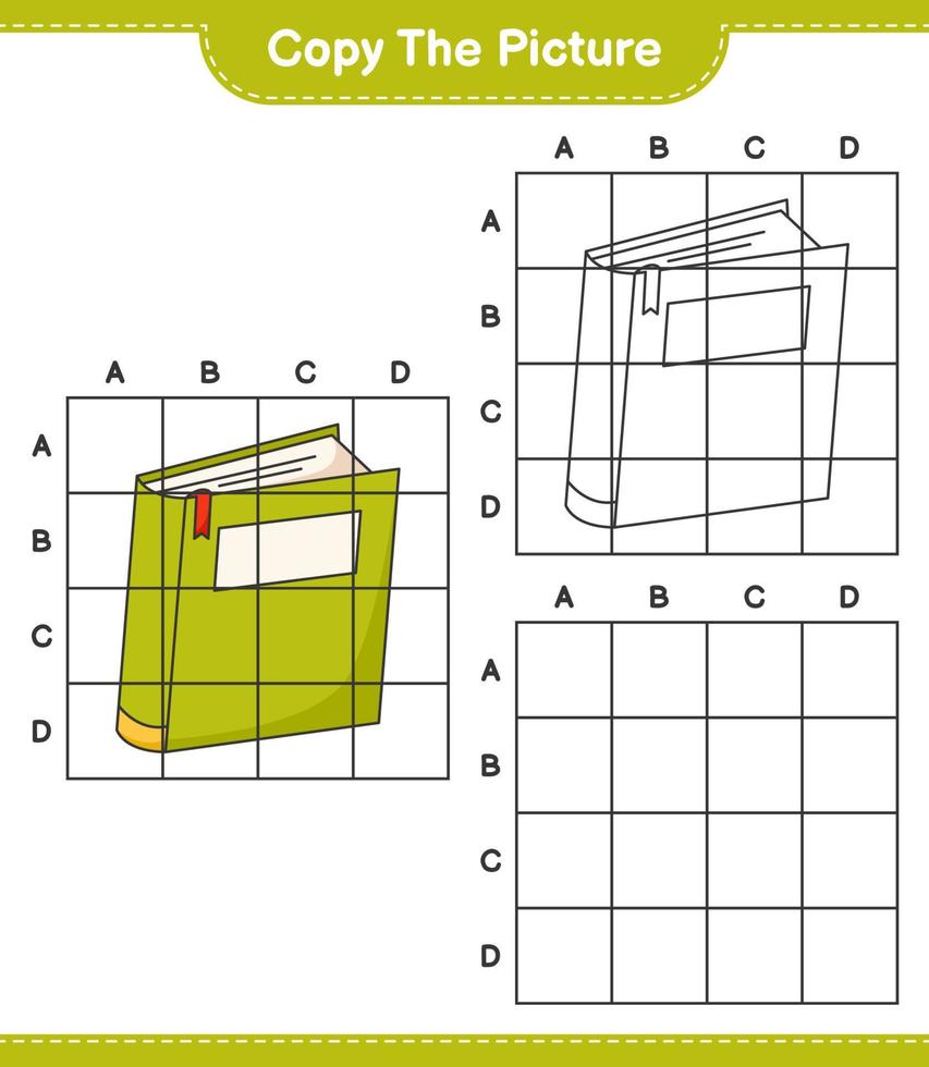 kopiera bilden, kopiera bilden av boken med hjälp av rutnätslinjer. pedagogiskt barnspel, utskrivbart kalkylblad, vektorillustration vektor