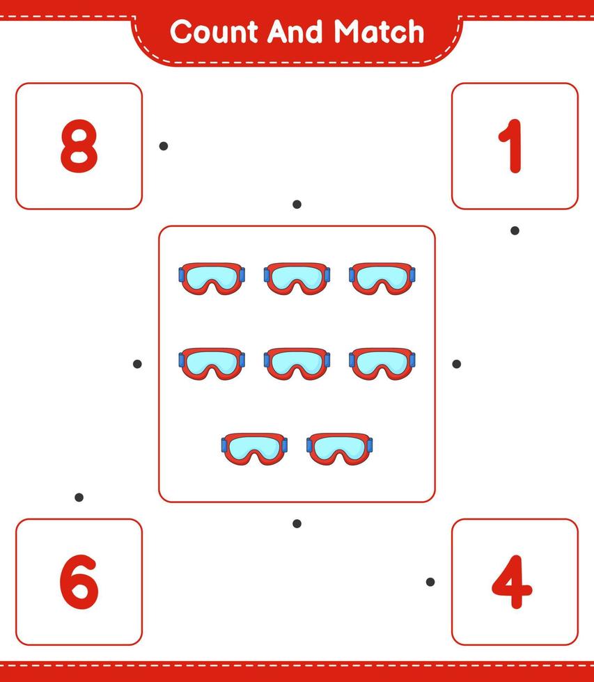 Zähle und vergleiche, zähle die Anzahl der Brillen und vergleiche sie mit den richtigen Zahlen. pädagogisches kinderspiel, druckbares arbeitsblatt, vektorillustration vektor