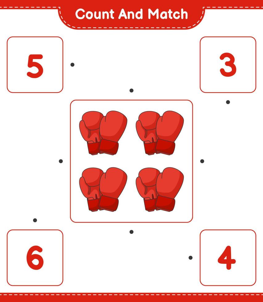 Zähle und kombiniere, zähle die Anzahl der Boxhandschuhe und verbinde sie mit den richtigen Zahlen. pädagogisches kinderspiel, druckbares arbeitsblatt, vektorillustration vektor