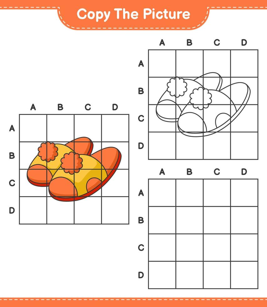 kopiera bilden, kopiera bilden av tofflor med hjälp av rutnätslinjer. pedagogiskt barnspel, utskrivbart kalkylblad, vektorillustration vektor