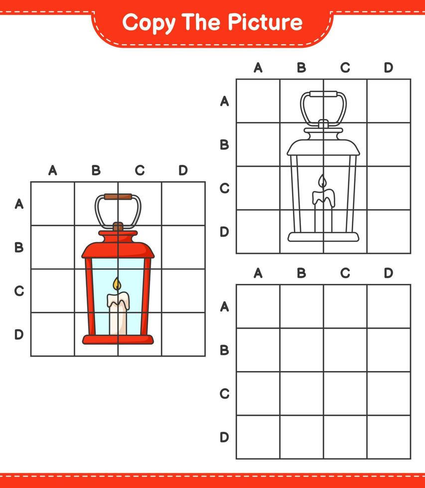 Kopieren Sie das Bild, kopieren Sie das Bild der Laterne mit Gitterlinien. pädagogisches kinderspiel, druckbares arbeitsblatt, vektorillustration vektor