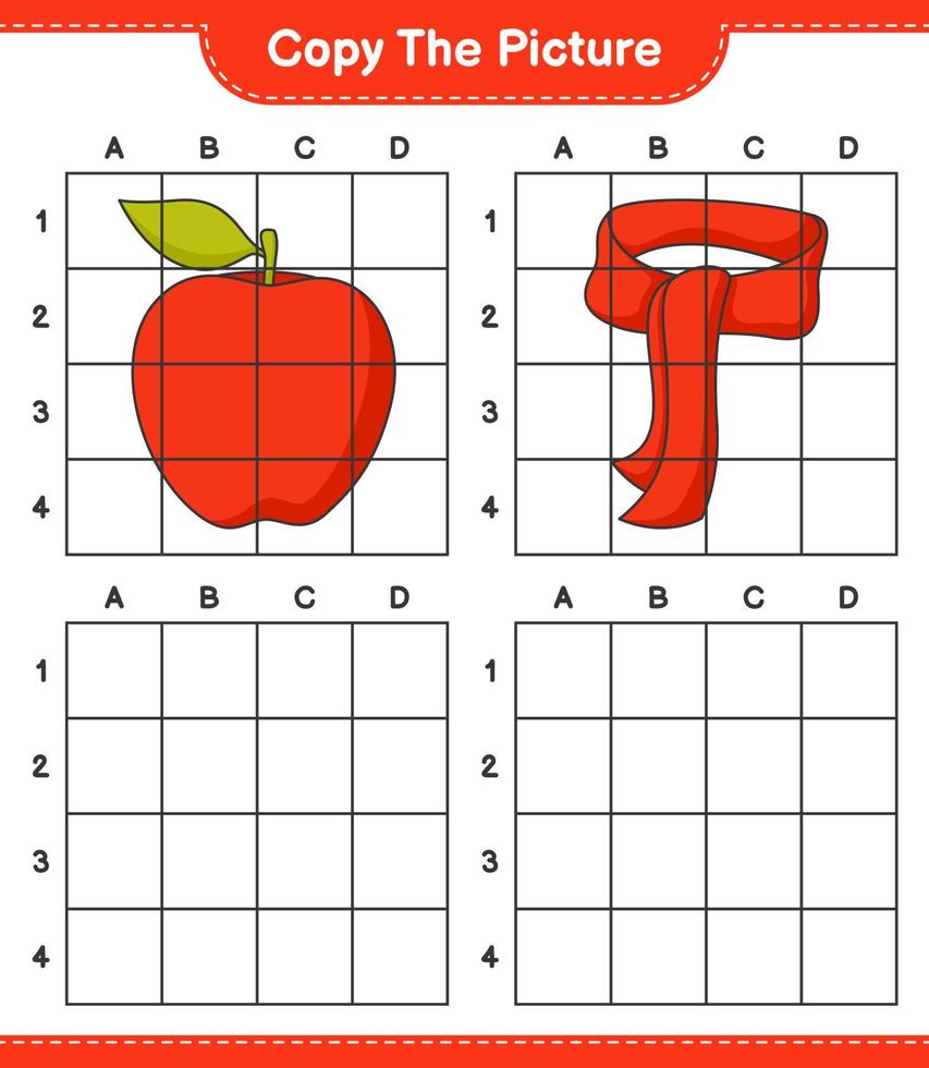 Kopieren Sie das Bild, kopieren Sie das Bild von Apfel und Schal mit Gitterlinien. pädagogisches kinderspiel, druckbares arbeitsblatt, vektorillustration vektor