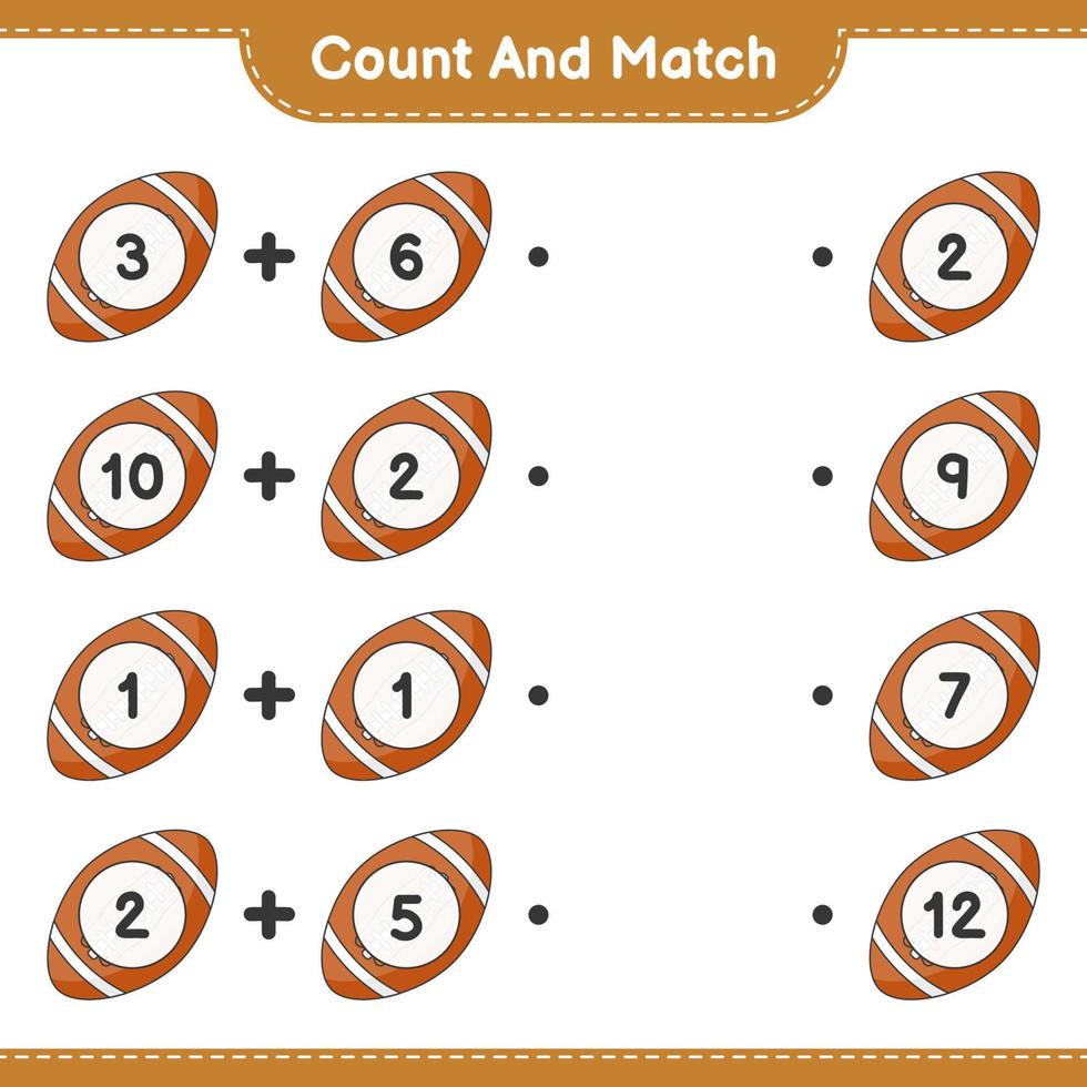 räkna och matcha, räkna antalet rugbybollar och matcha med rätt siffror. pedagogiskt barnspel, utskrivbart kalkylblad, vektorillustration vektor