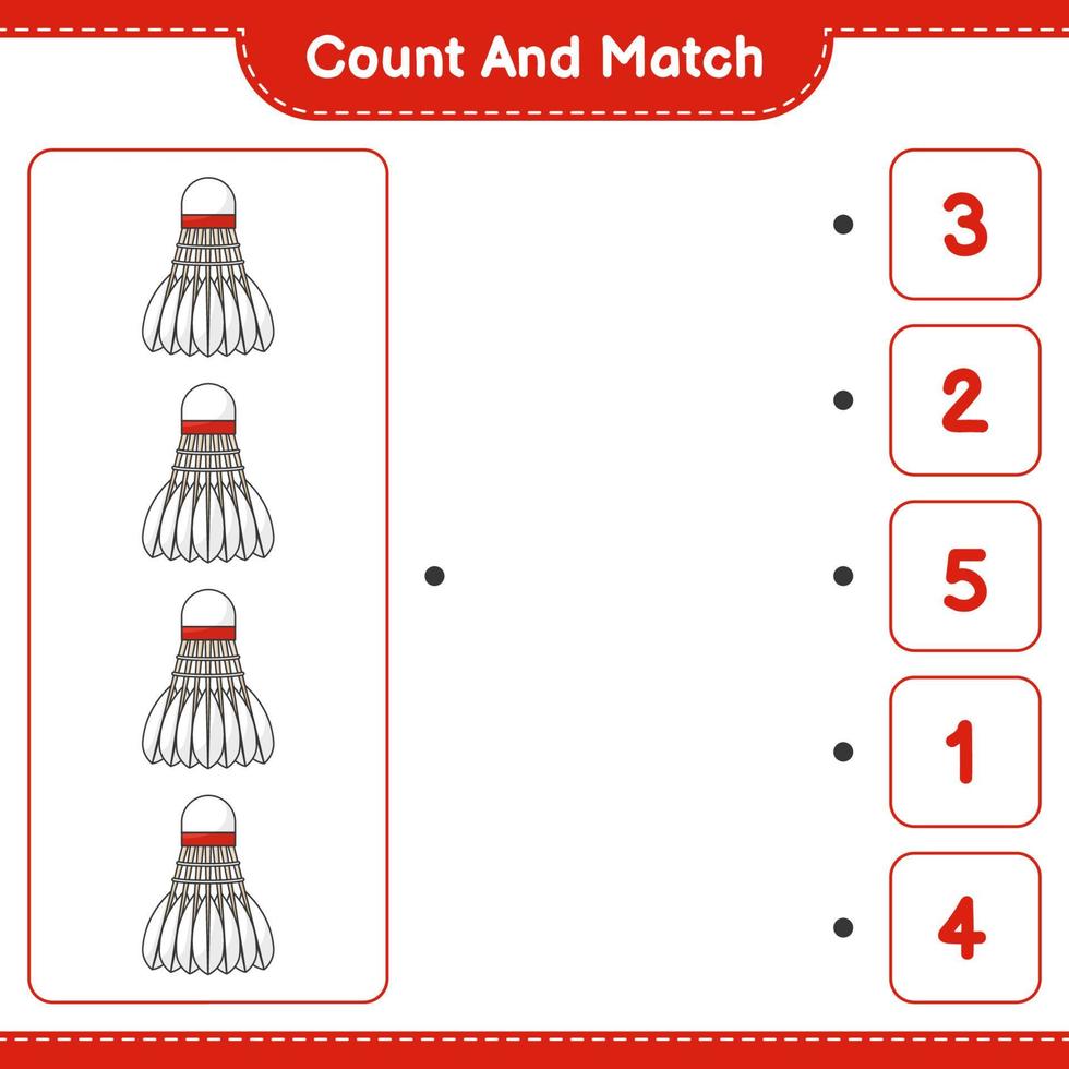 räkna och matcha, räkna antalet fjäderboll och matcha med rätt siffror. pedagogiskt barnspel, utskrivbart kalkylblad, vektorillustration vektor