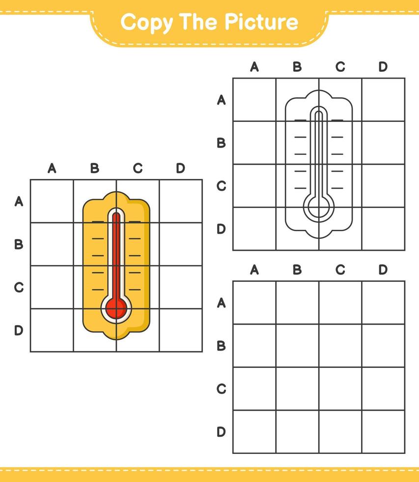 Kopieren Sie das Bild, kopieren Sie das Bild des Thermometers mit Gitterlinien. pädagogisches kinderspiel, druckbares arbeitsblatt, vektorillustration vektor