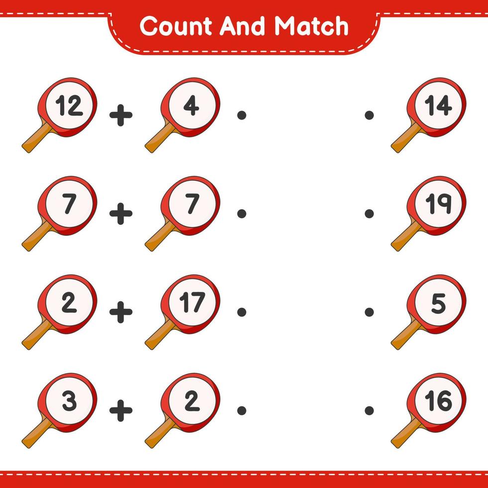 Zähle und kombiniere, zähle die Anzahl der Tischtennisschläger und vergleiche sie mit den richtigen Zahlen. pädagogisches kinderspiel, druckbares arbeitsblatt, vektorillustration vektor