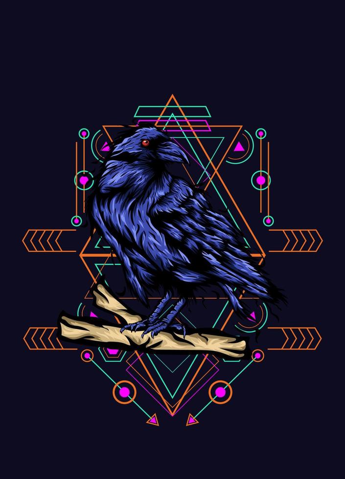 Rabe, Vogelkrähe, Vektorillustration mit heiligem Geometriemuster für T-Shirt-Design vektor