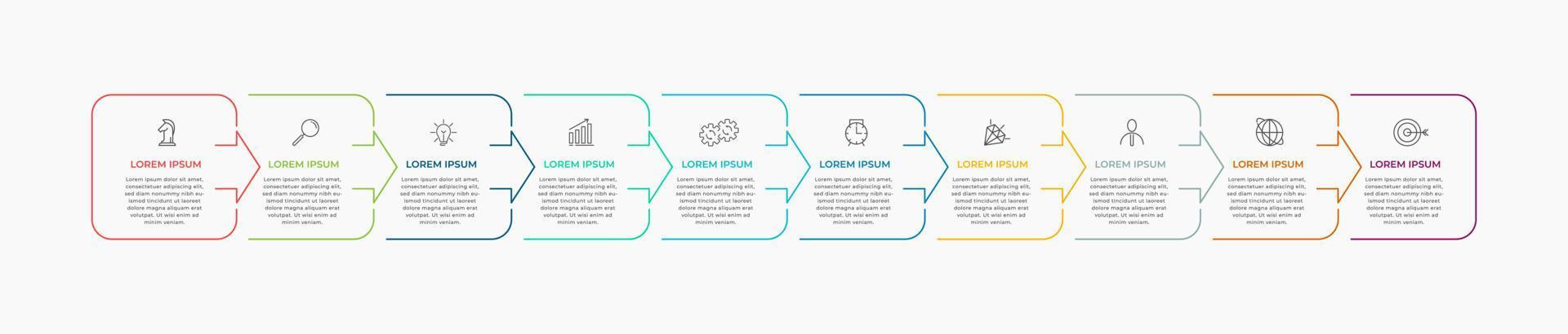minimal affärsinfografikmall. tidslinje med 10 steg, alternativ och marknadsföringsikoner .vector linjär infographic med två cirkel sammankopplade element. kan användas för presentation. vektor