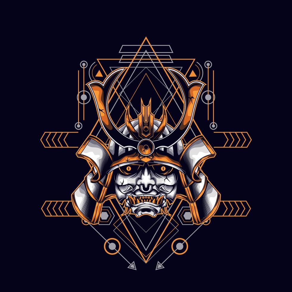 Oni-Maske Samurai-Kopf mit heiliger Geometrie-Verzierung für T-Shirt-Design vektor