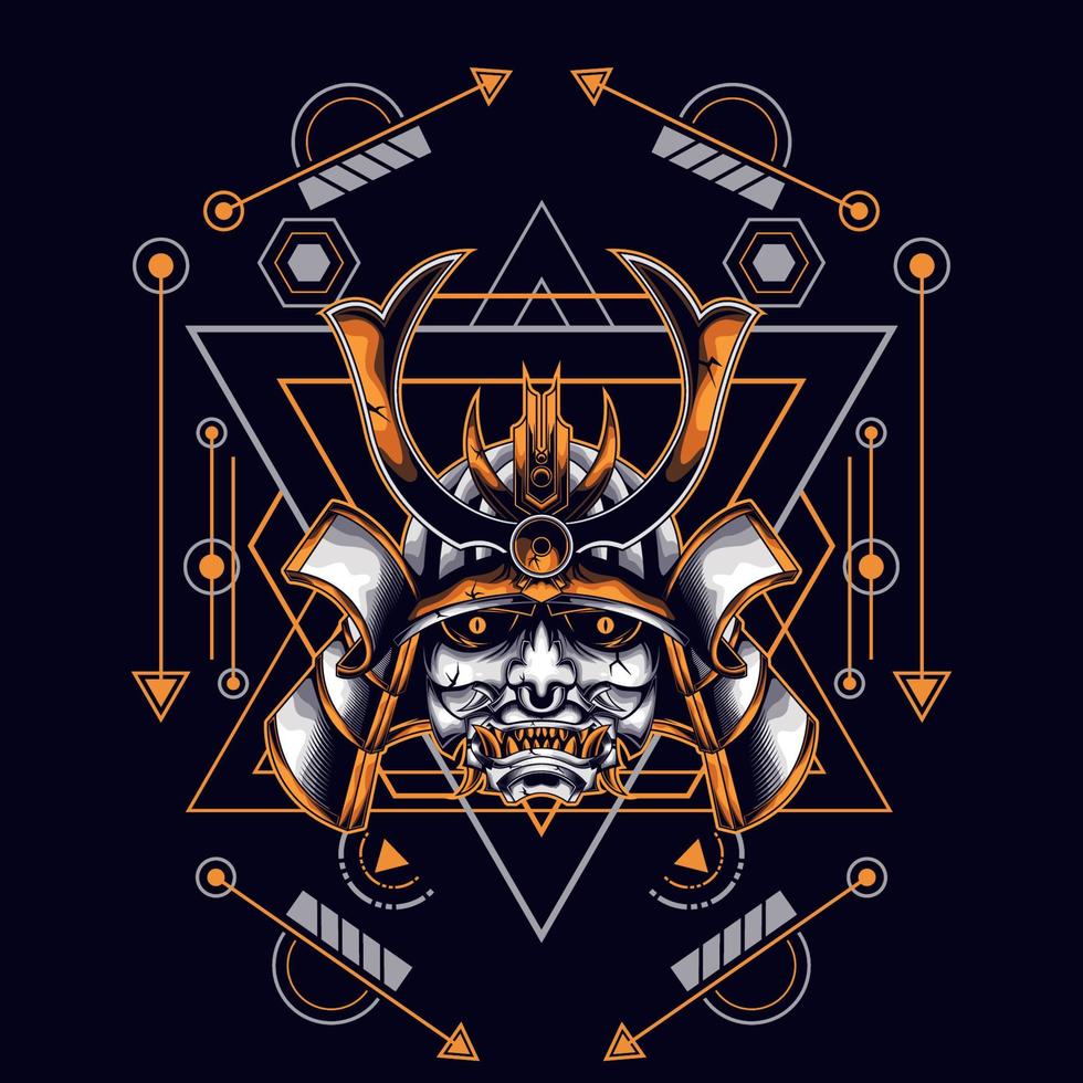 Oni-Maske Samurai-Kopf mit heiliger Geometrie-Verzierung für T-Shirt-Design vektor