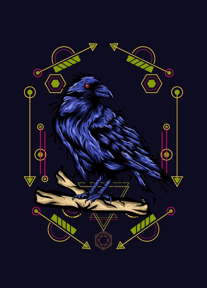 korp, fågelkråka, vektorillustration med heligt geometrimönster för t-shirtdesign vektor
