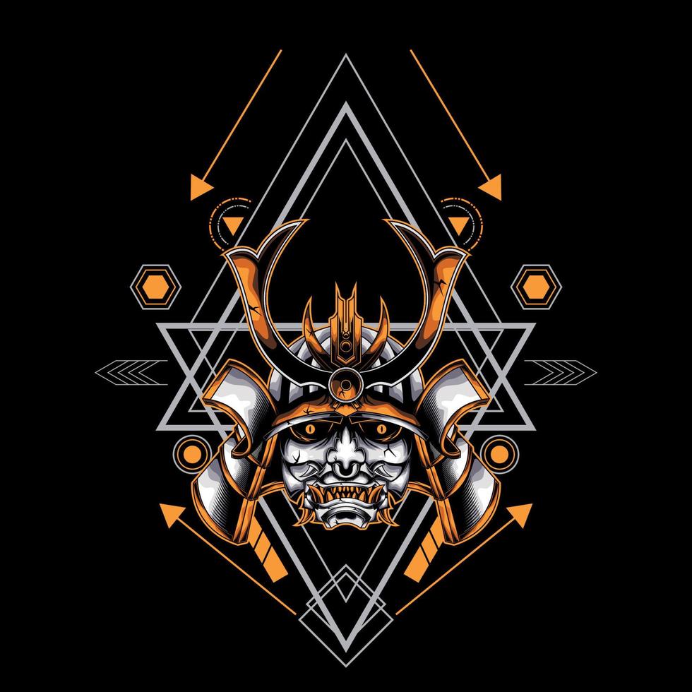 Oni-Samurai-Kopf mit heiliger Geometrie-Verzierung für Tapete, Banner, T-Shirt, Poster, Hoodie, Tottebag, Hintergrund, Karte, Buchillustration und Web-Landing-Page vektor