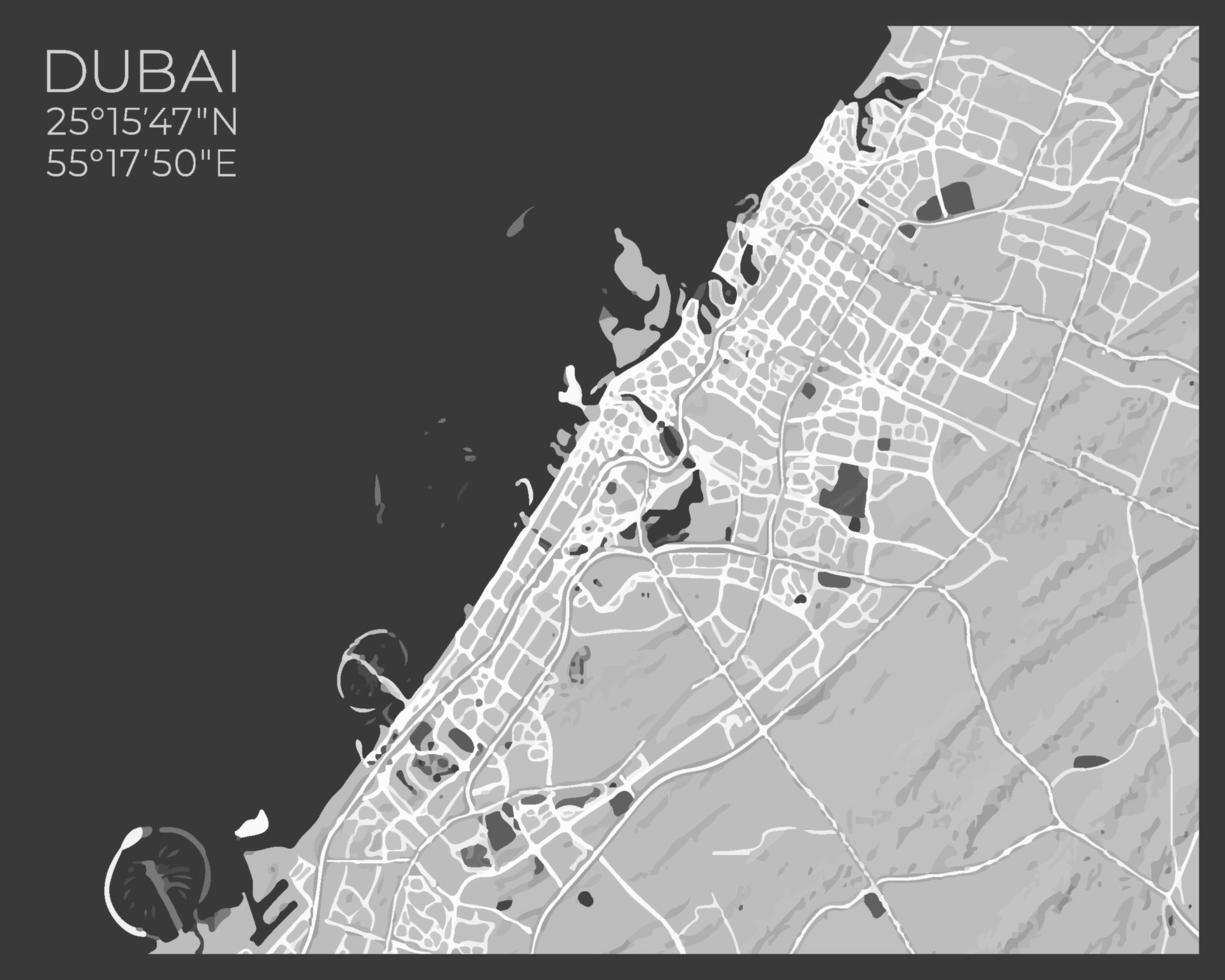 Dubai karta - abstrakt monokrom design för inredningsaffischer, tapeter, väggkonst eller andra tryckprodukter. vektor illustration.