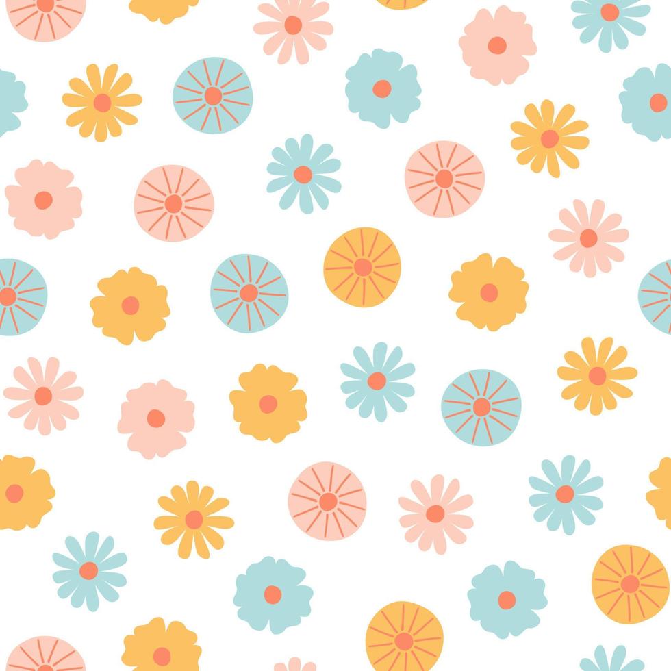 Nahtloses Muster mit handgezeichneten kleinen Blumen im flachen Stil. süßer skandinavischer hintergrund für design, stoff oder verpackungspapier in pastellfarben. Blumenvektorillustration vektor