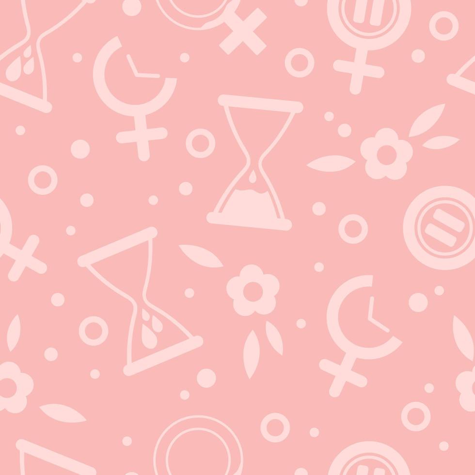 sömlös vektormönster med rosa kvinnlig könsikon. medicinsk symbol med bloddroppar, timglas och paus. begreppet menstruation, graviditet eller klimakteriet. vektor illustration i platt stil