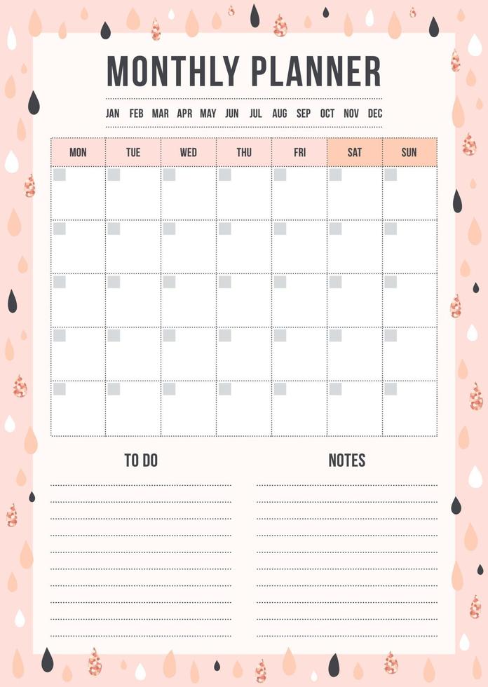 söt månadsplaneringsmall med check och plats för sak och datum i skandinavisk stil. tom planerare med anteckningar på bakgrunden med rosa och glitterregn. vektor illustration
