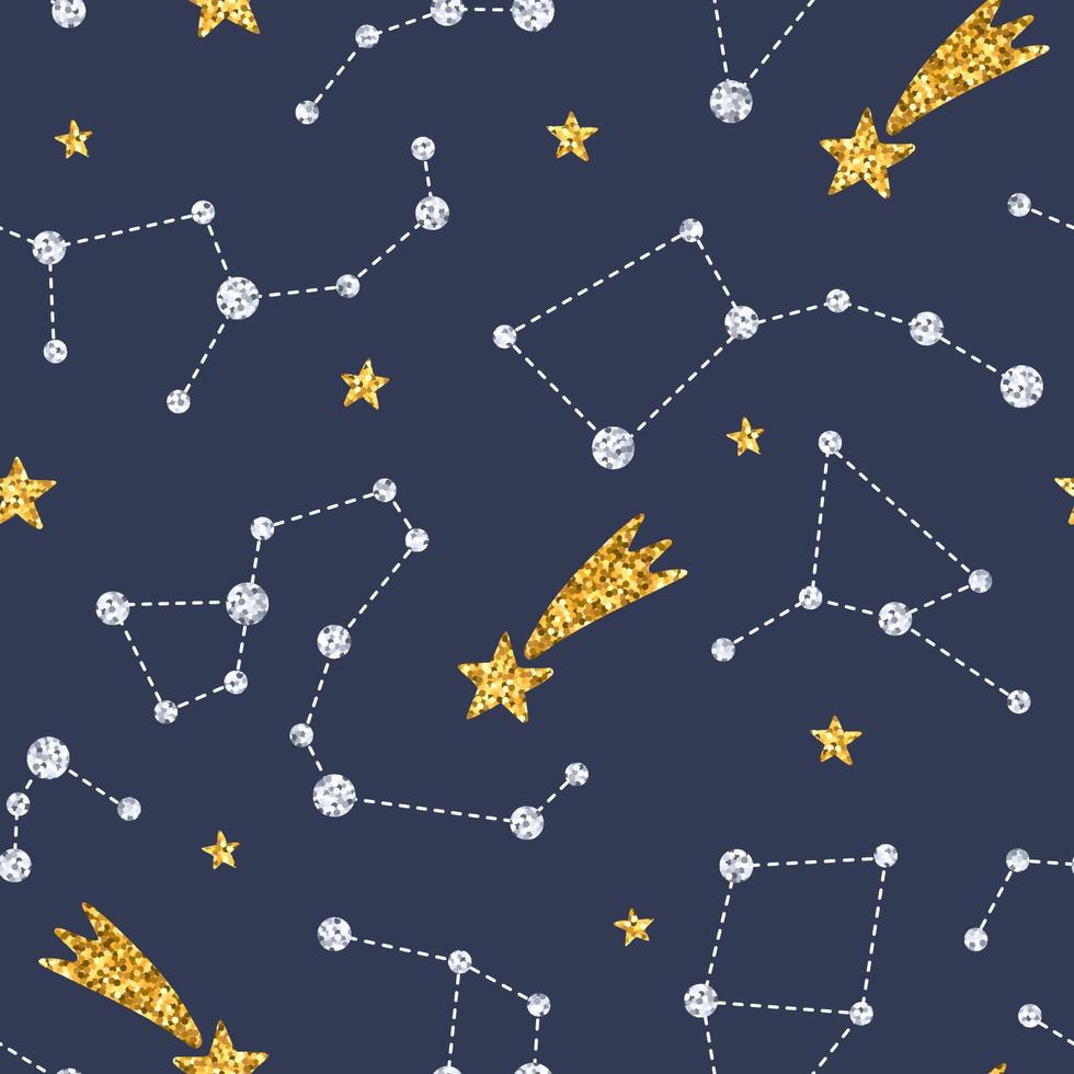 magisches nahtloses muster mit gold- und silberglitzernden sternbildern. sternhintergrund und tierkreiskonstellationen auf blauem hintergrund. vektor