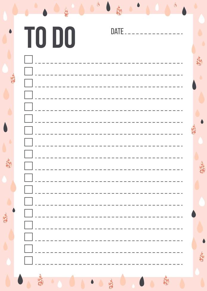 süße To-Do-Listenvorlage mit Häkchen und Platz für Sache und Datum im skandinavischen Stil. leerer planer mit notizen zum hintergrund mit rosa und glitzerndem regen. stilvolles Organizer-Design. Vektor-Illustration vektor