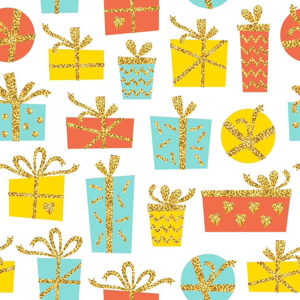 kreativa seamless mönster av gåva med guld glitter band. snygg hälsning bakgrund med semester gåvor. vektor illustration