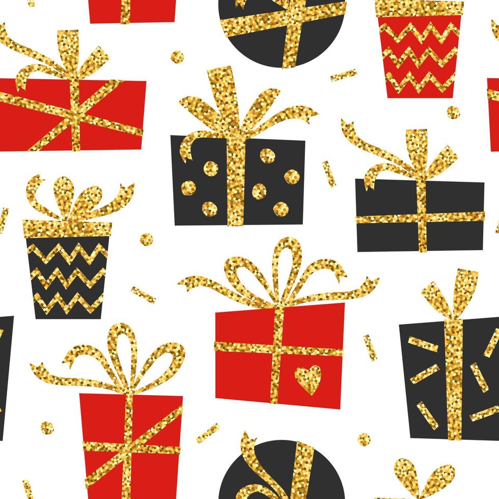 kreativa seamless mönster av svart och röd gåva med guld glitter band. snygg hälsningsbakgrund för jul, nyår och annat firande. vektor illustration