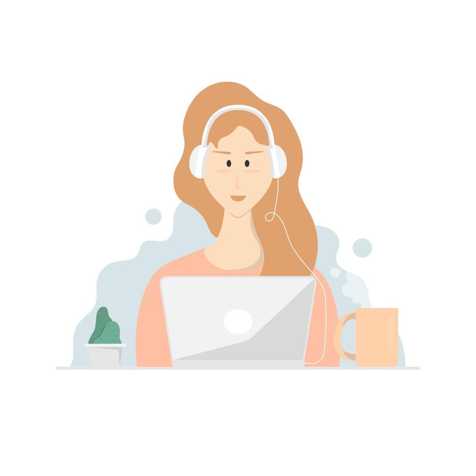 tecknad kvinna leende design, kvinna lyssna på musik på laptop, digital marknadsföring illustration. vektor