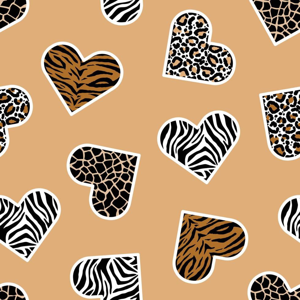 nahtloses muster der tierhaut in form von herzleopard, giraffe, tiger und zebra. trendiger Animal-Print. Mode-Vektor-Illustration. vektor