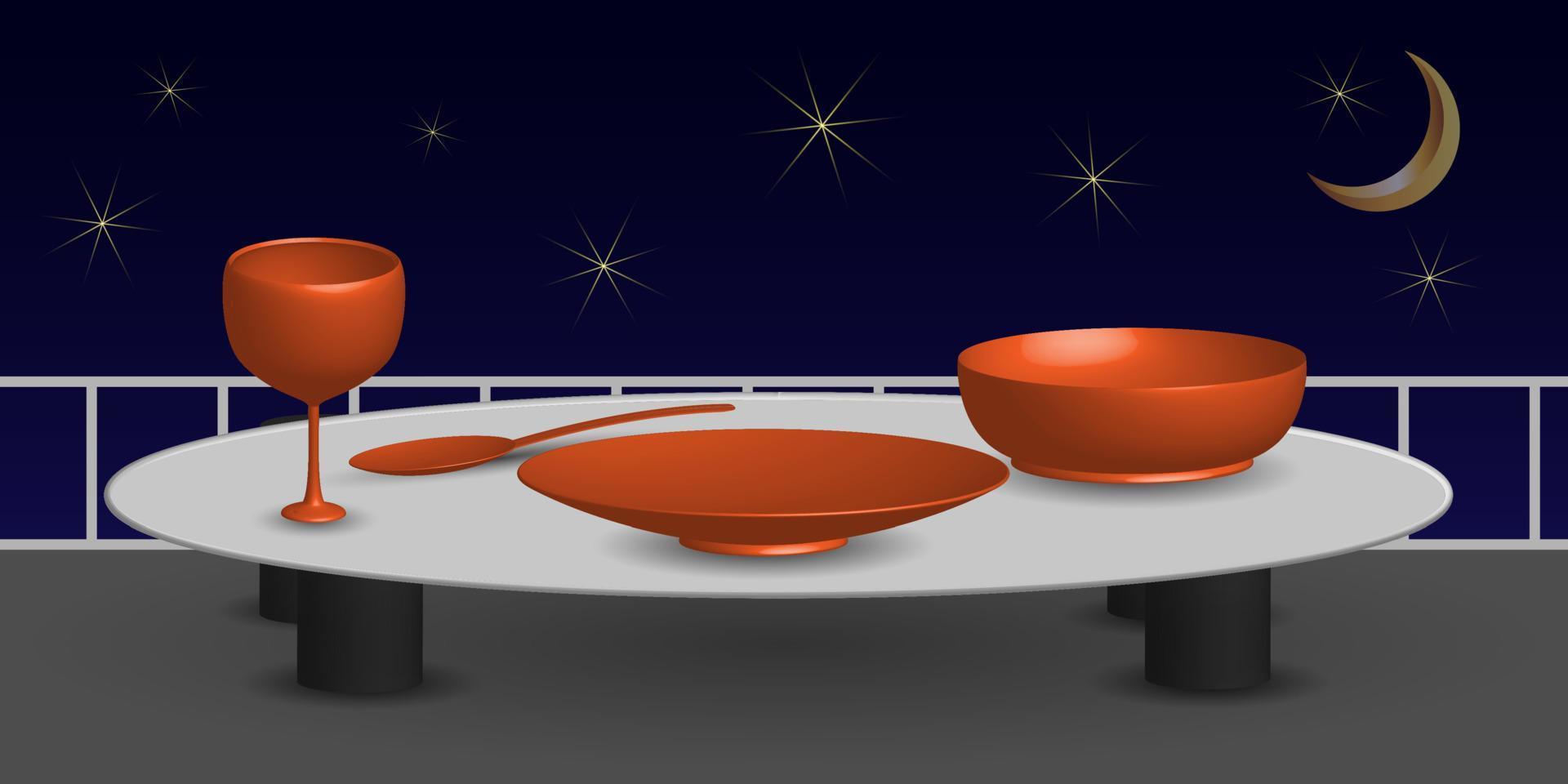 Vektor 3D-Geschirr, Abendessen Illustration Hintergrund, mit Sternenlicht