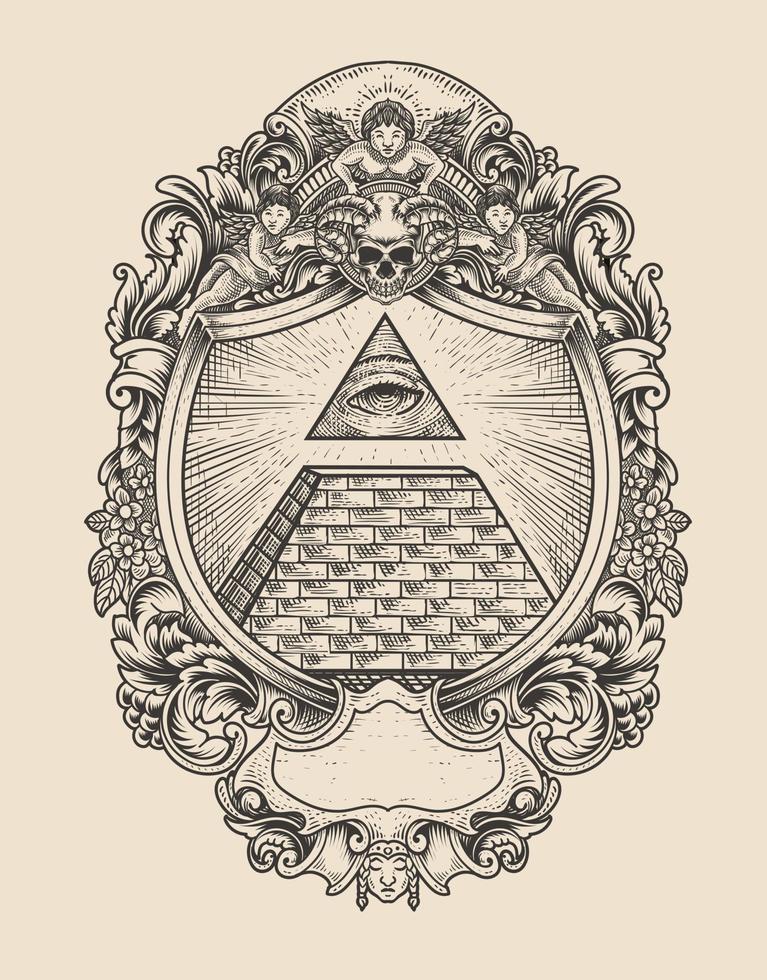 illustration illuminati pyramid med gravyr stil vektor