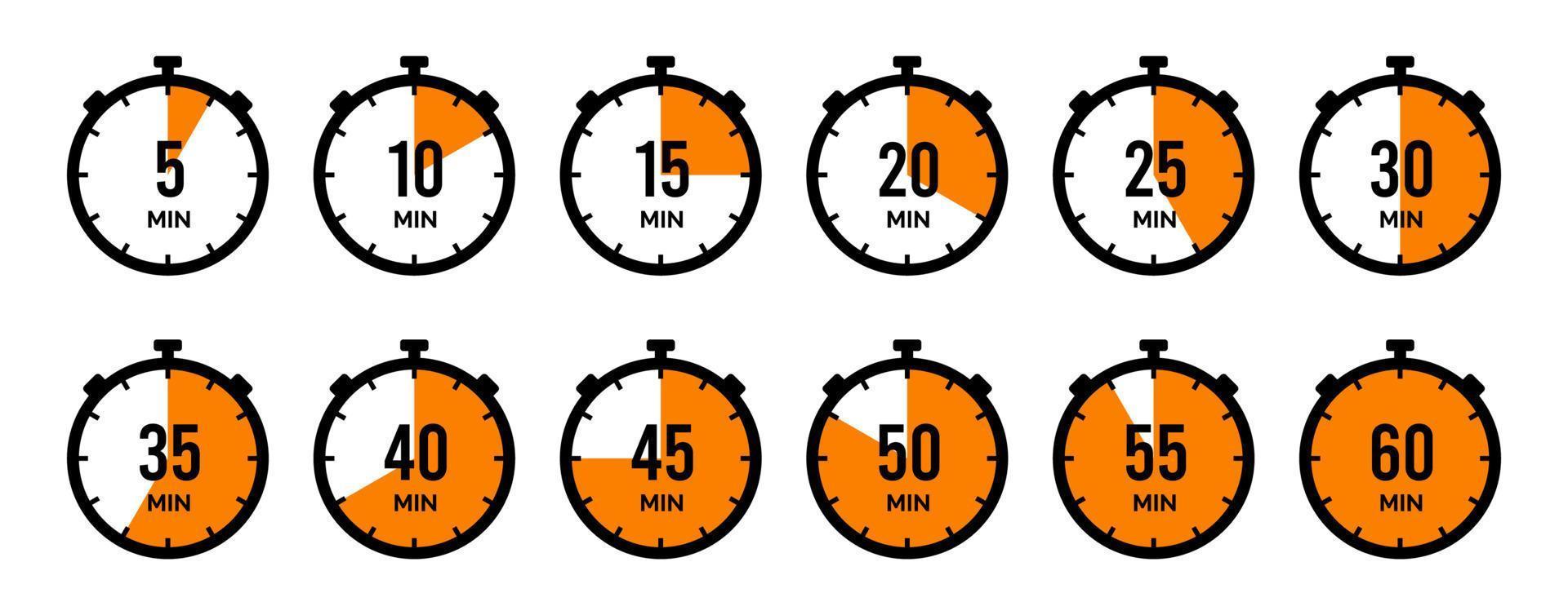 timer ikon samling. uppsättning timer stoppur ikoner. nedräkning från 0 till 60 sekunder. vektor