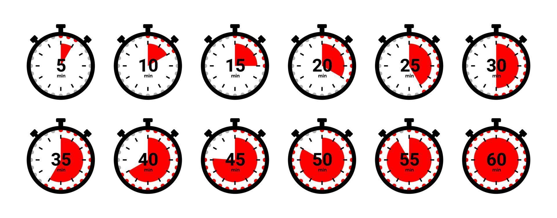 timer ikon samling. uppsättning timer stoppur ikoner. nedräkning från 0 till 60 sekunder. vektor