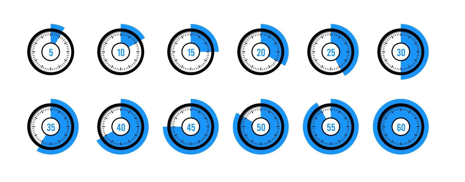 timer ikon samling. uppsättning timer stoppur ikoner. nedräkning från 0 till 60 sekunder. vektor