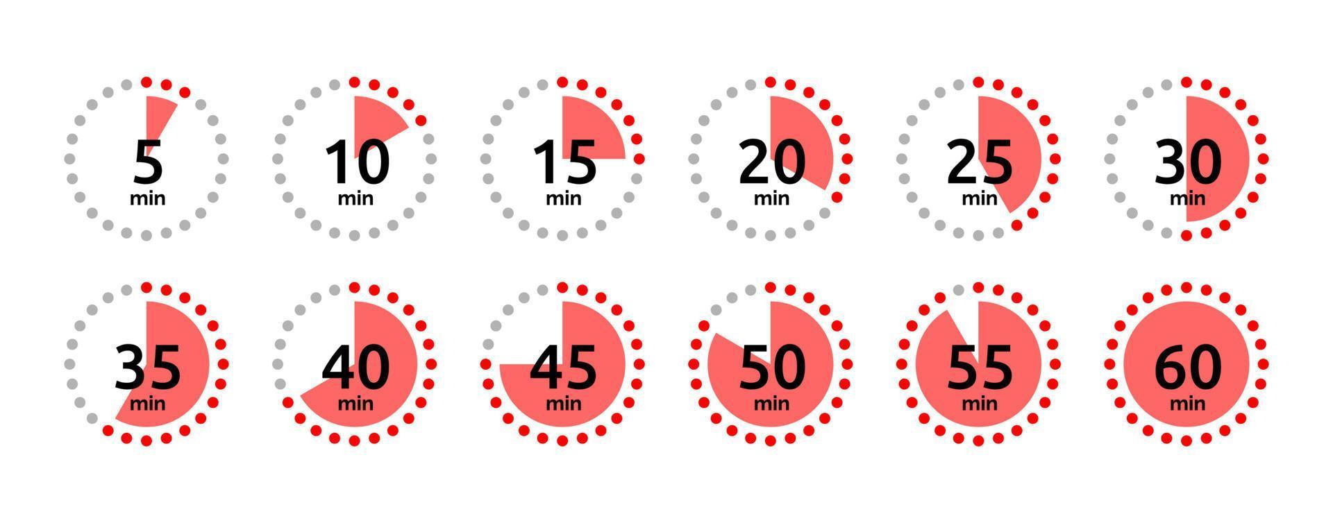 Timer-Icon-Sammlung. Set von Timer-Stoppuhr-Symbolen. Countdown von 0 bis 60 Sekunden. vektor