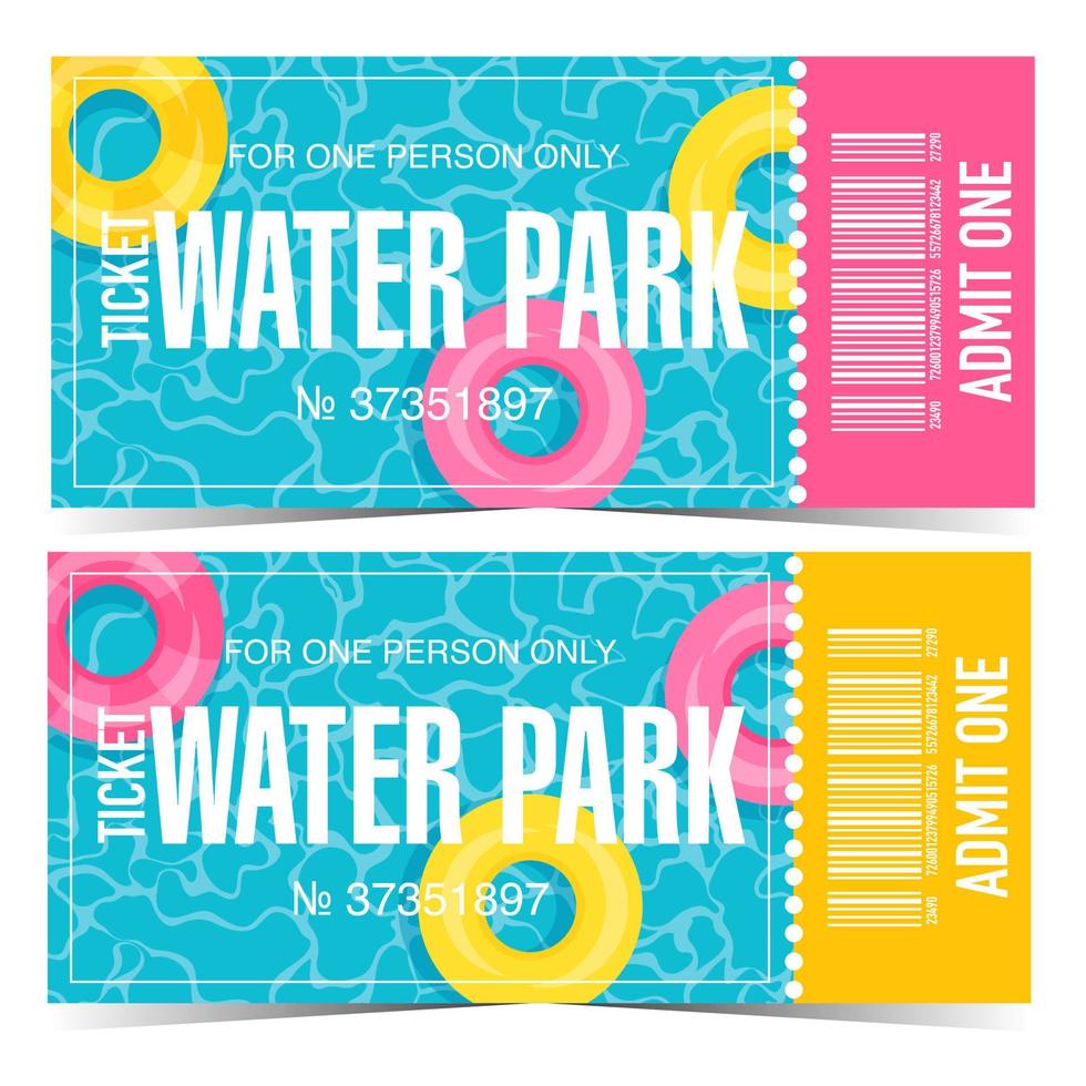 Entwurfsvorlage für Eintrittskarten für Wasserparks oder Wasserparks. vektorillustration im flachen stil des aquapark-eintrittsgutscheins mit bunten aufblasbaren schwimmringen, die auf dem blauen schwimmbadwasser schwimmen. vektor