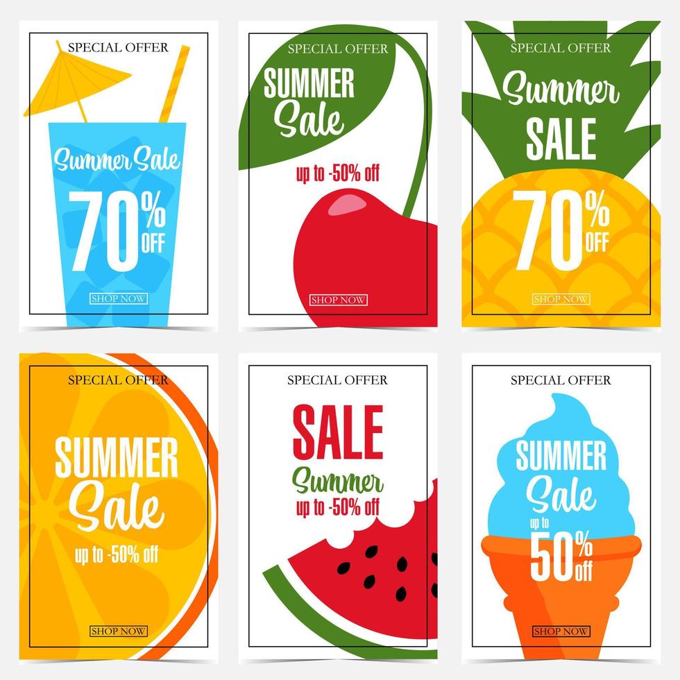 sommarrea banner set med glass, glas med cocktail och halm, ljusa färgglada exotiska frukter, apelsin, ananas, vattenmelon, körsbär för rabatt kampanj, specialerbjudande, semester shopping. vektor