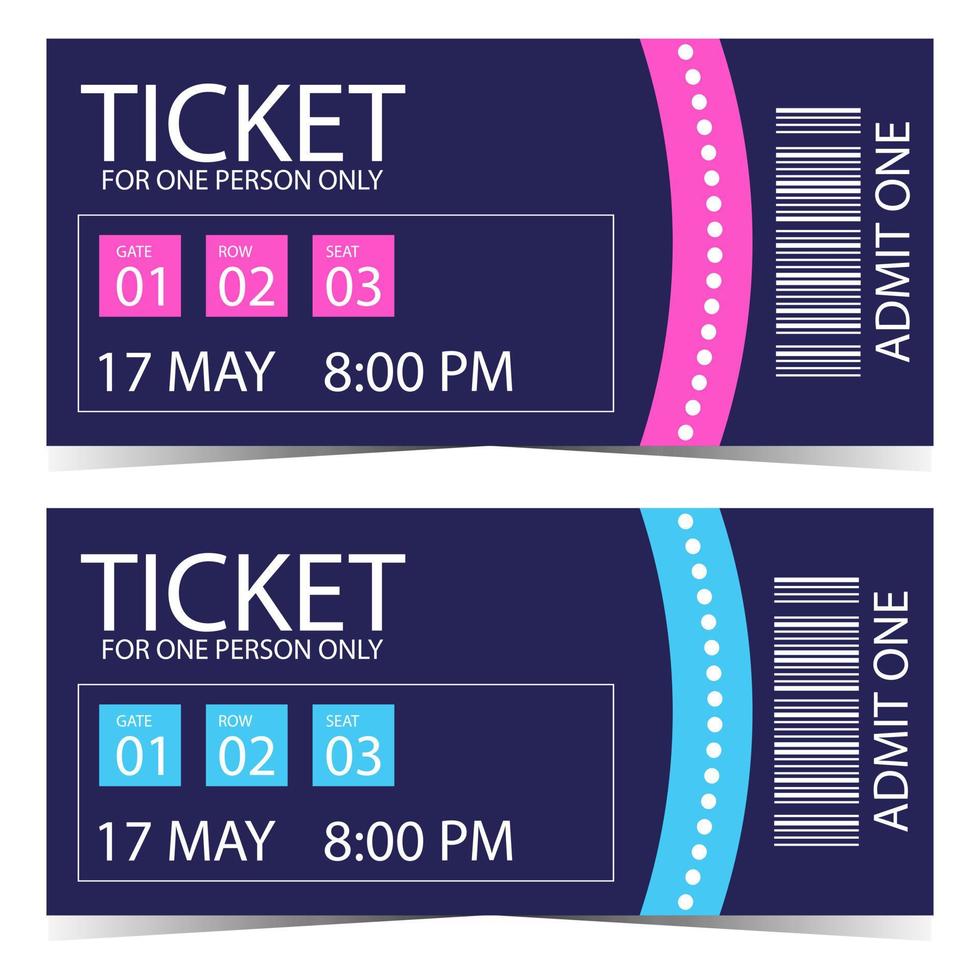 Ticket-Mockup oder Vorlagendesign im modernen Stil mit abnehmbarem Teil und Strichcode in rosa und blauen Farben. Eintrittskarte für Event, Urlaub, Show, Kino, Theater, Zirkus, Karneval oder Festival. vektor