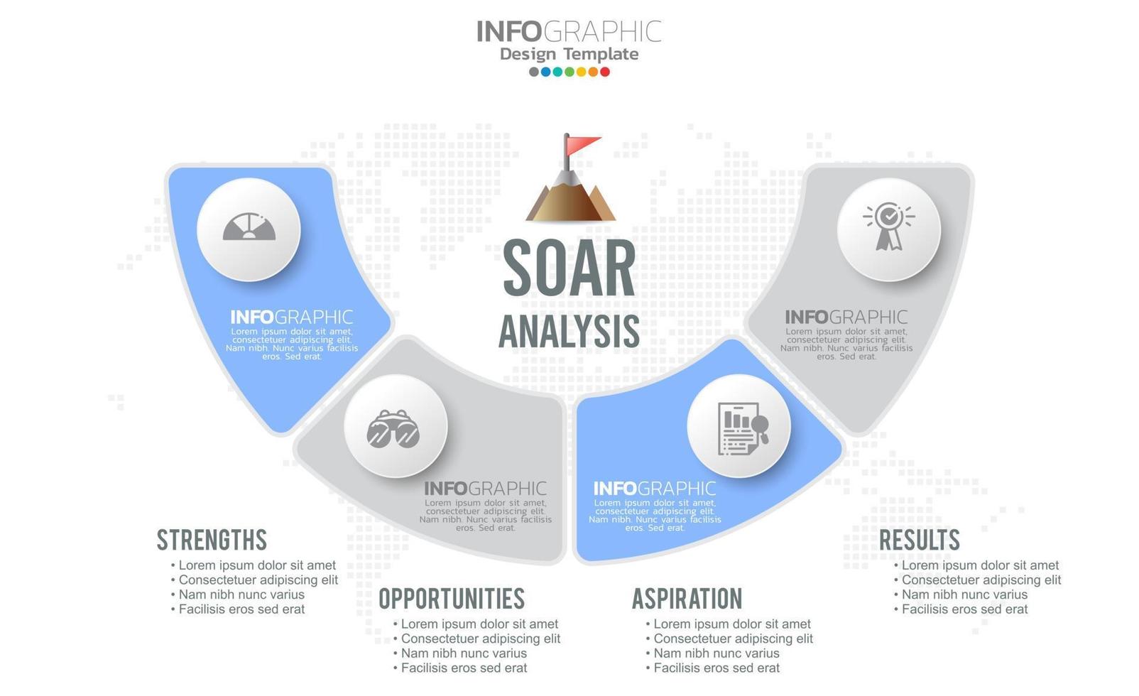 soar banner infographic för affärsanalys, styrka, möjligheter, ambitioner och resultat. vektor