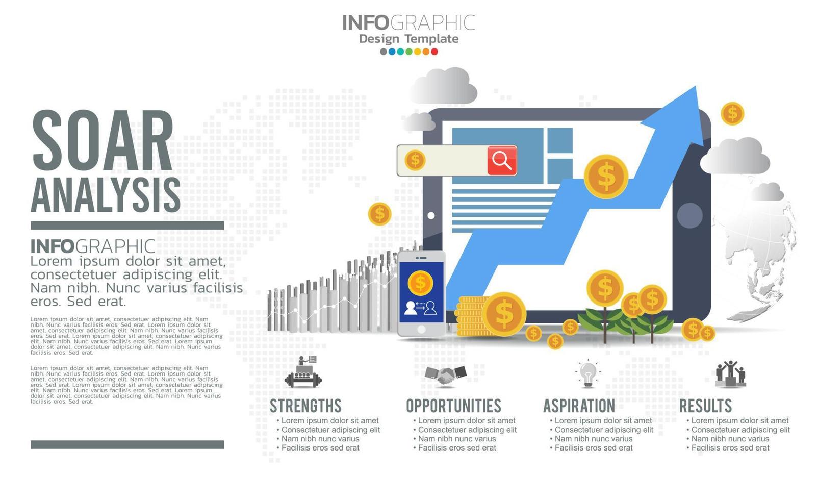 soar banner infographic för affärsanalys, styrka, möjligheter, ambitioner och resultat. vektor