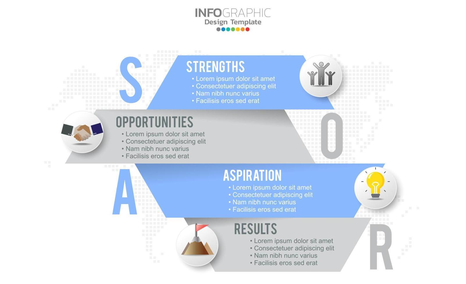 soar banner infographic för affärsanalys, styrka, möjligheter, ambitioner och resultat. vektor