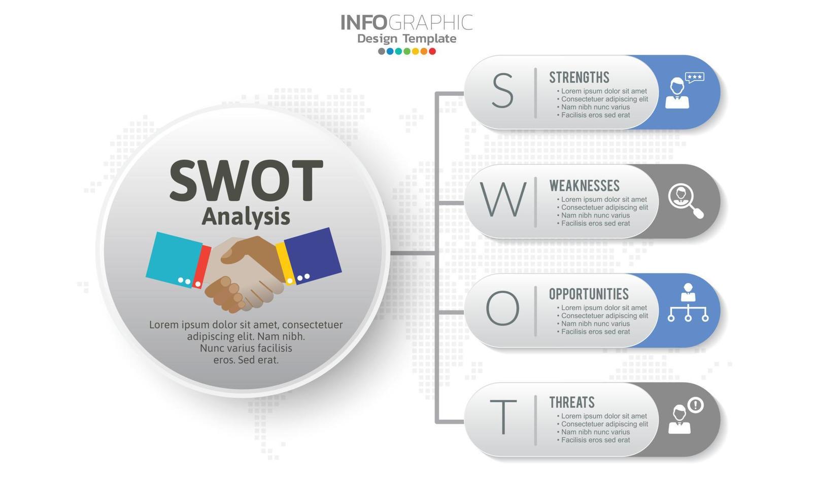 Vorlage für die SWOT-Analyse oder strategische Planungstechnik. Infografik-Design mit Vorlage mit vier Elementen. vektor