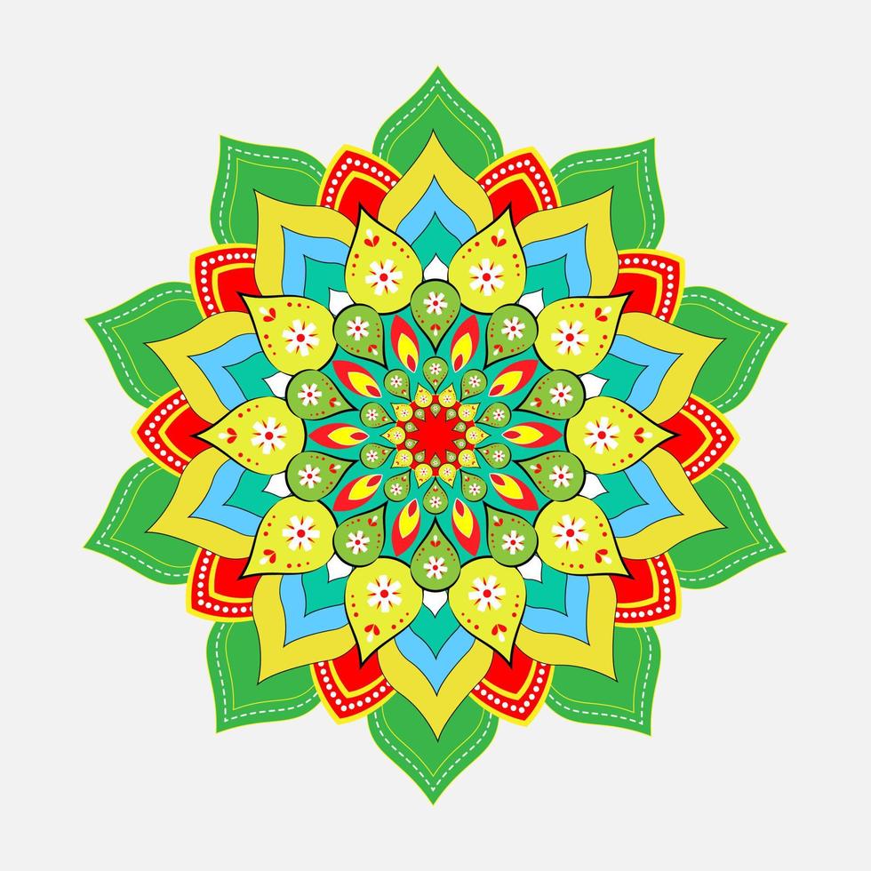 Vektor handgezeichnete Doodle-Mandala mit Herzen. ethnisches mandala mit bunter verzierung. helle Farben. isoliert. Illustration im Doodle-Stil.