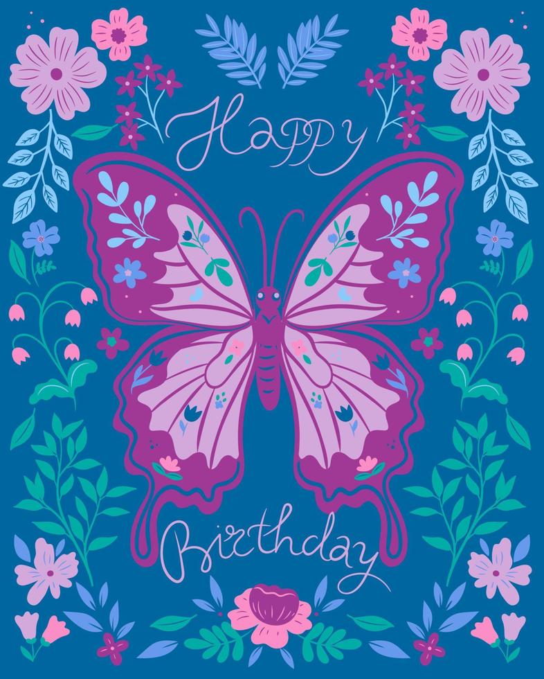 Geburtstagskarte mit Blumen und Schmetterling. vektor