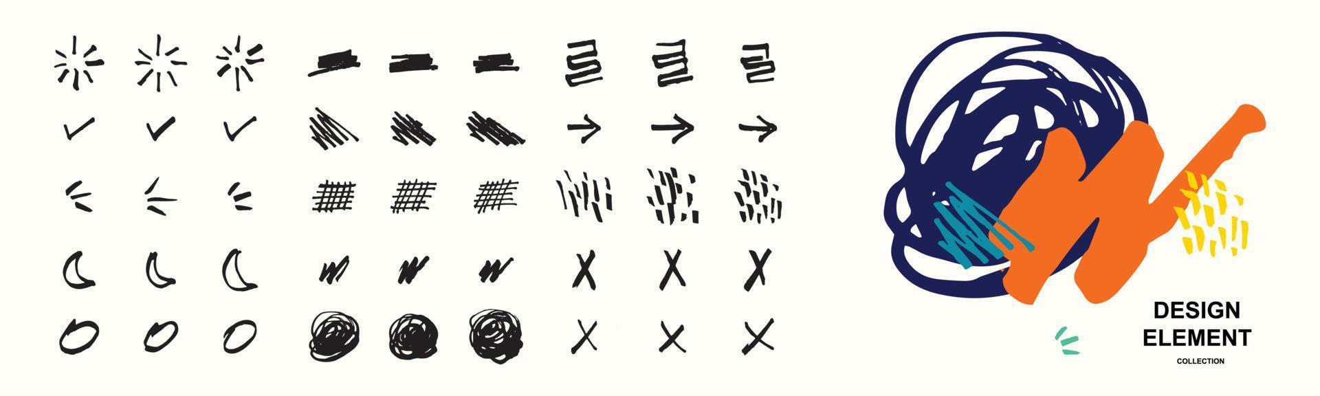 uppsättning abstrakt linje designelement. stort knippe av bläck penseldrag vektorillustration. stor samling av stroke element på isolerade bakgrund. vektor