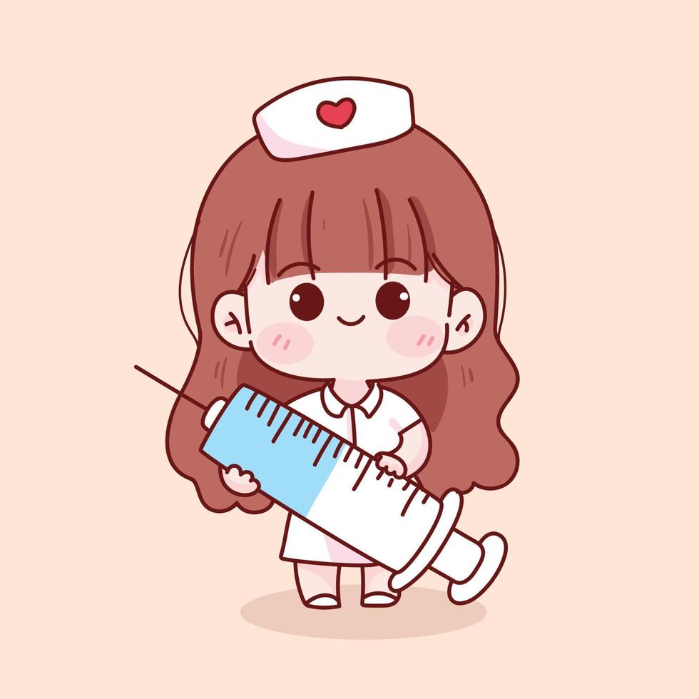 söt unge flicka i sjuksköterska uniform håller spruta handritad seriefigur illustration vektor
