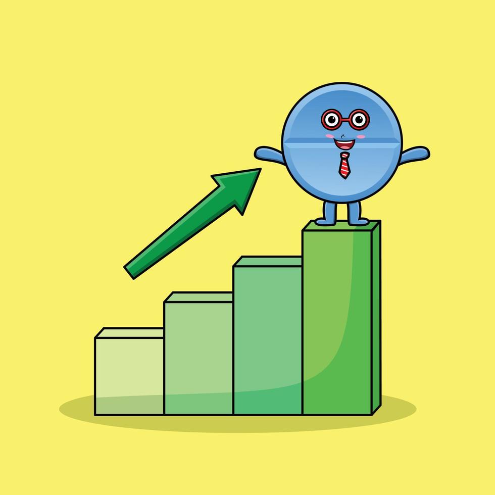 niedliche karikaturpillenmedizin mit steigender zeichengrafik im flachen modernen design vektor