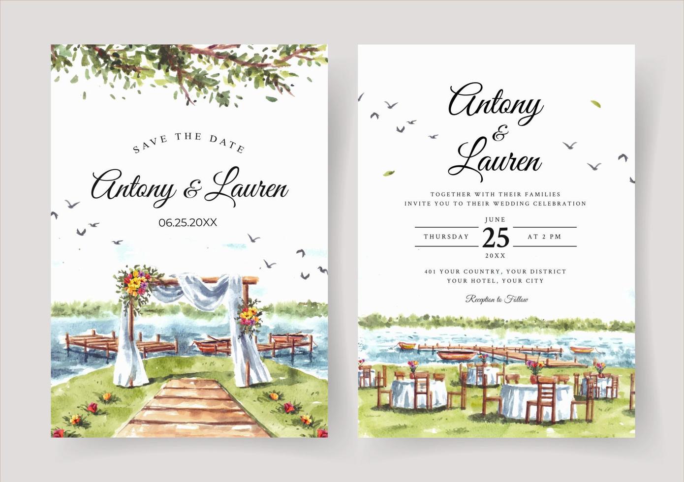 bröllopsinbjudan av naturlandskap med bröllopsport och sjöutsikt akvarell vektor