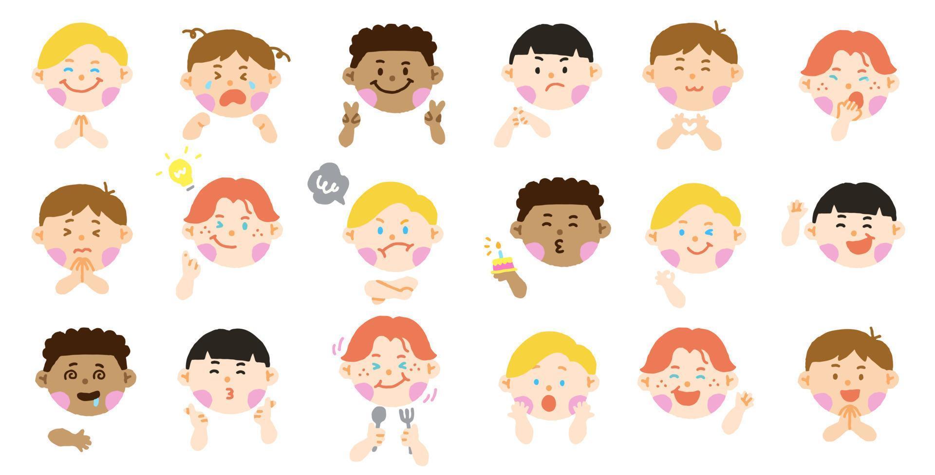 Mischen Sie verschiedene verschiedene Nationalitäten Vielfalt verschiedene Jungen Kinder Kinder unterschiedlicher Ausdruck Emotionen emotionaler Emoticon Hand Doodle Charakter Gefühle Gesichter Sammlung Set Symbol Vektor Illustration